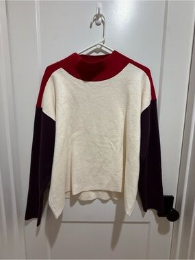 Maeve Cream Colorblock Sweater with Red Neckline & Dark Purple Sleeves